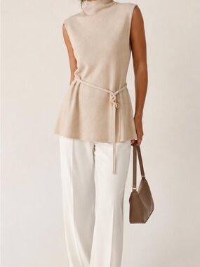 Truth Cream Sleeveless Turtleneck Midi Top with Self-Tie Belt